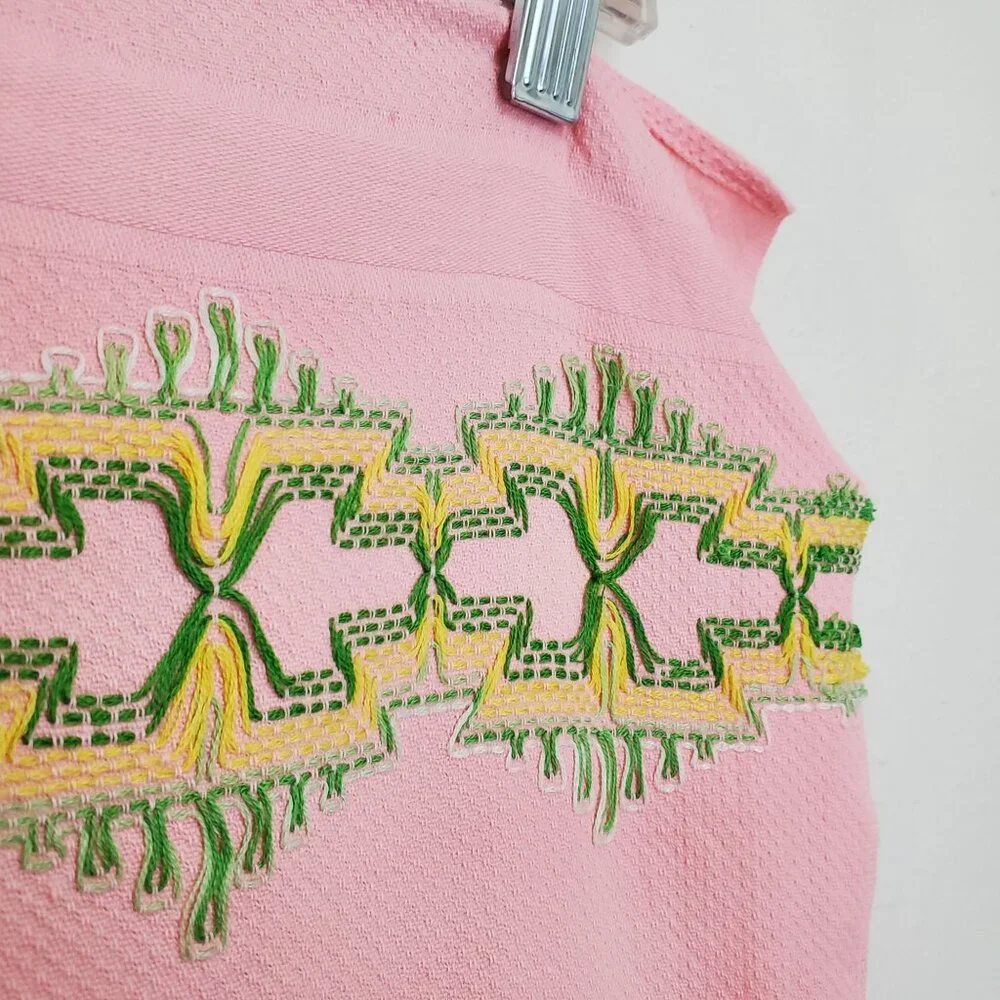Vintage Cannon pink tea towel, green embroidery